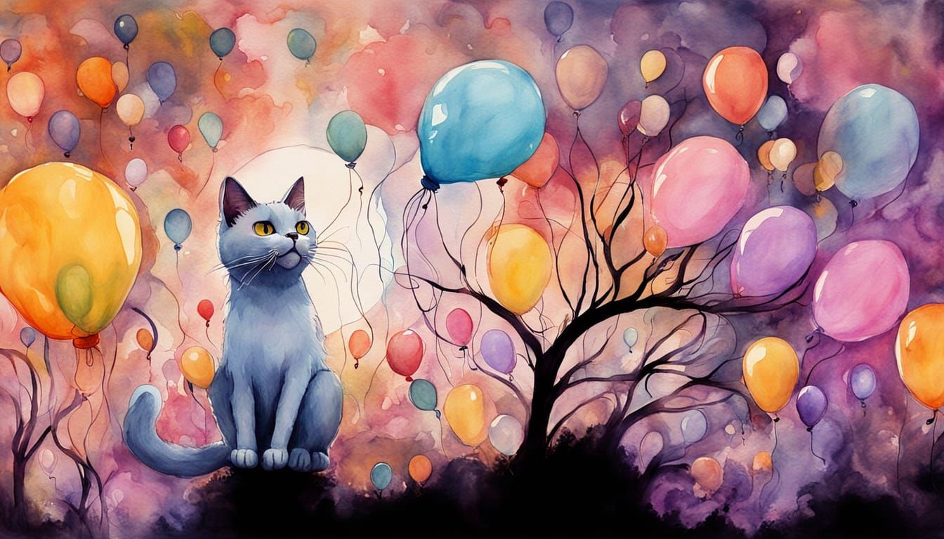 Whimsical Ghost Cat with Balloons in Watercolor