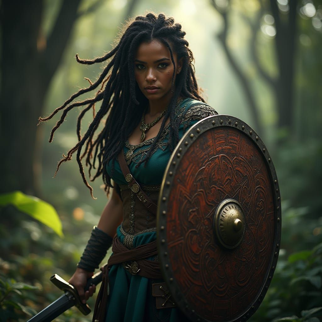 Heroic Female Warrior in Ancient Woodland, Hyper-Realistic P...