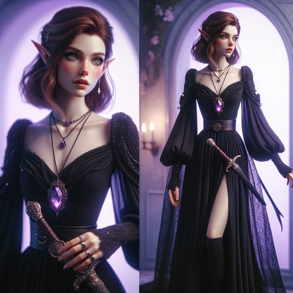 Fantasy Elf in Black Dress with Dagger