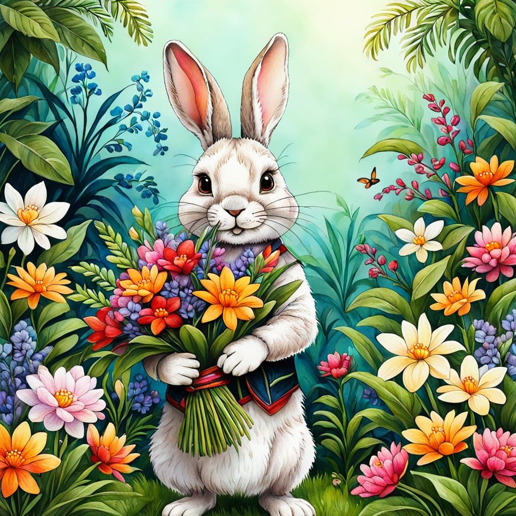 Whimsical Rabbit with Exotic Flowers in a Garden