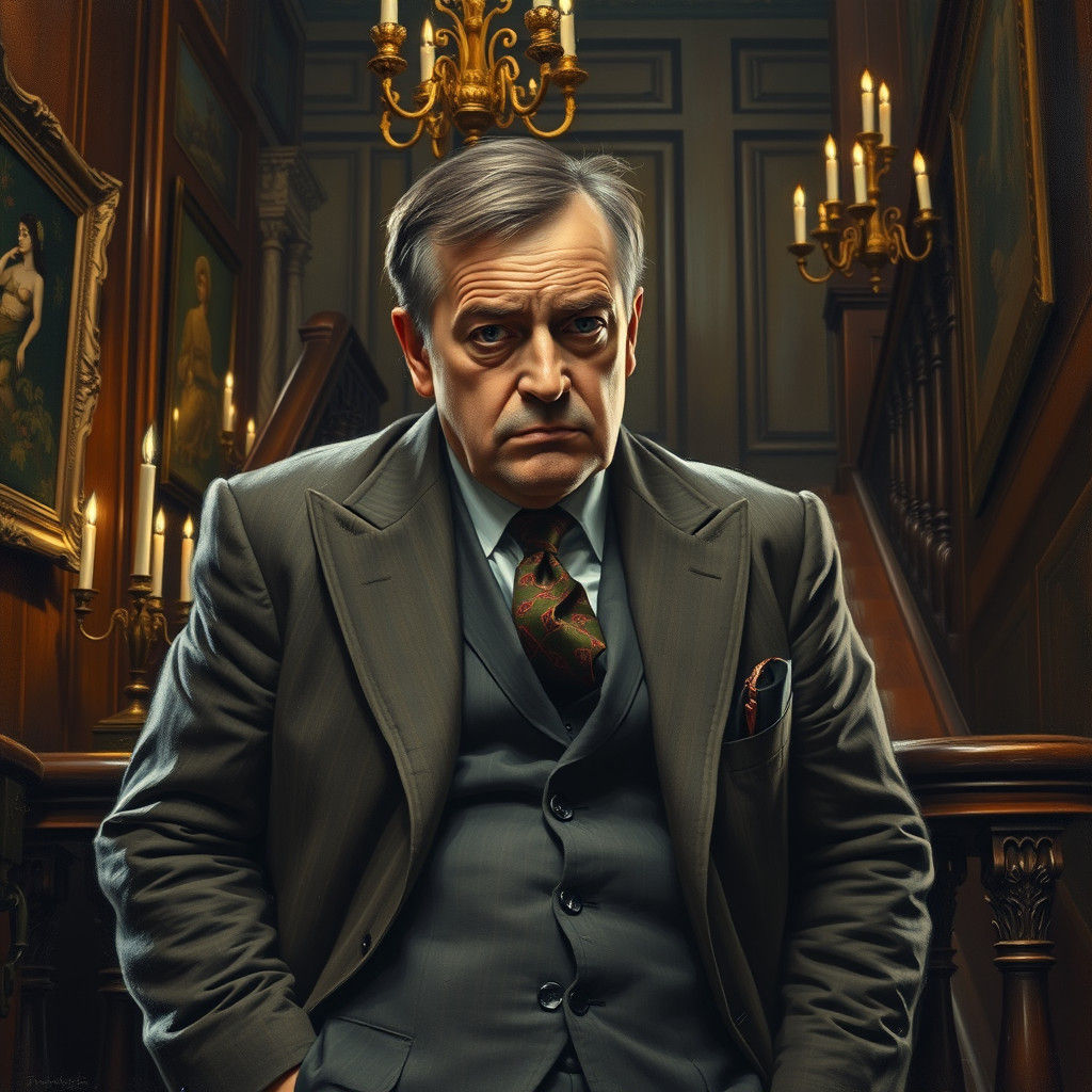 Man's Frustration in Victorian Interior, Impasto Gouache Sty...