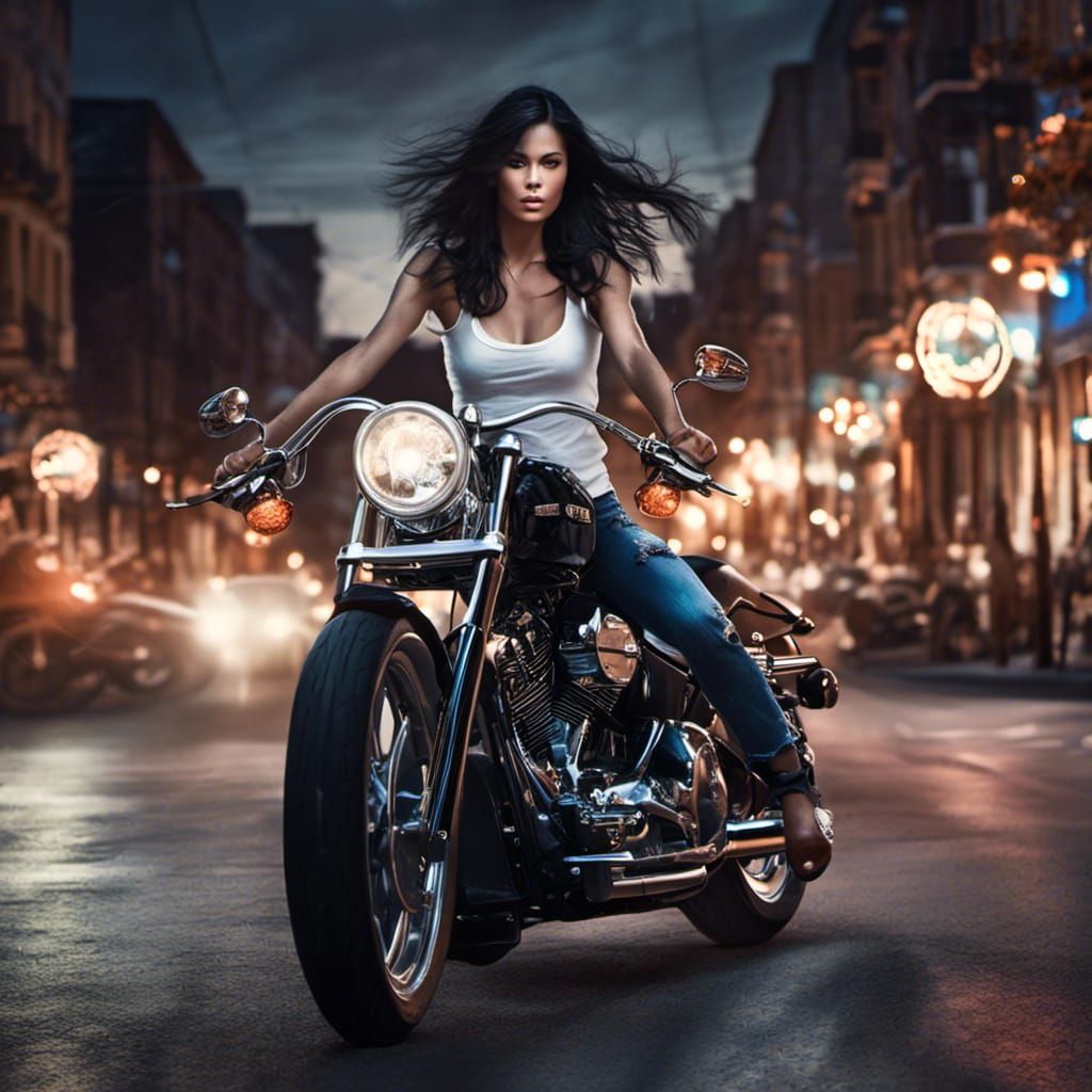 Woman on Harley Davidson Chopper at Night
