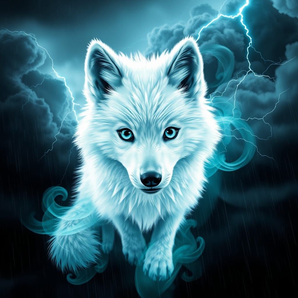 Hyper-Detailed Wolf Goddess Amidst Stormy Skies