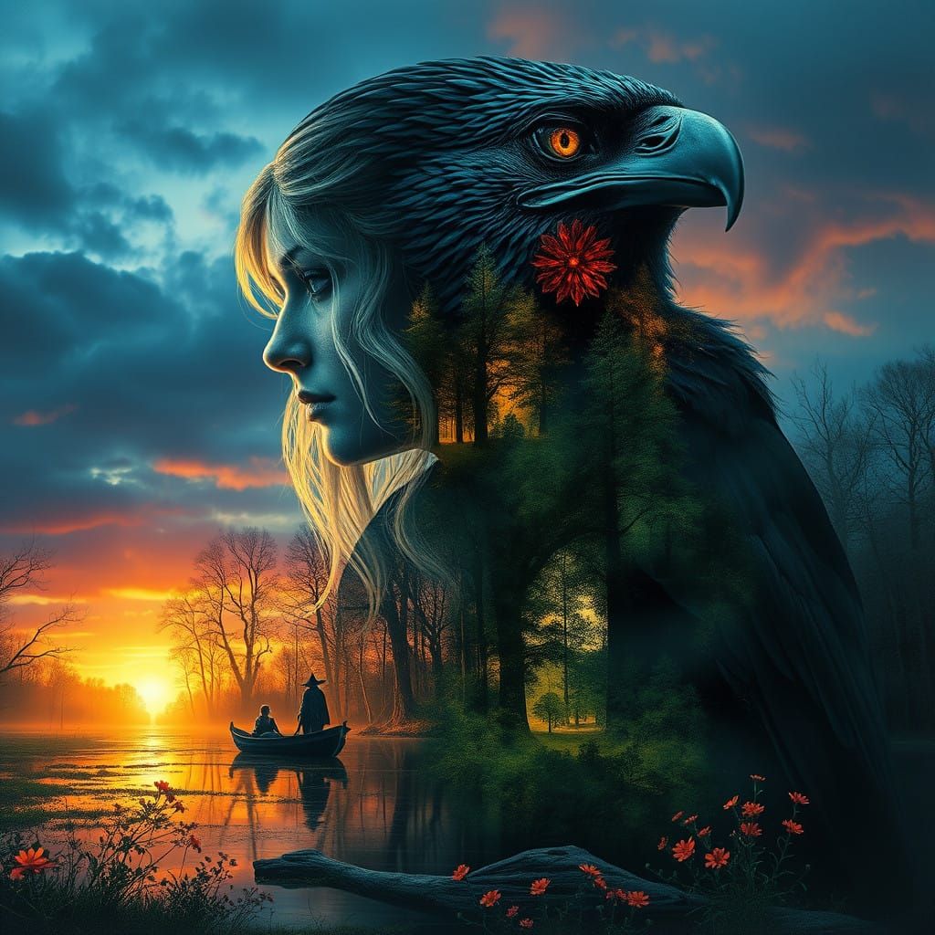 Ethereal Double Exposure of Galadriel in Enchanted Forest