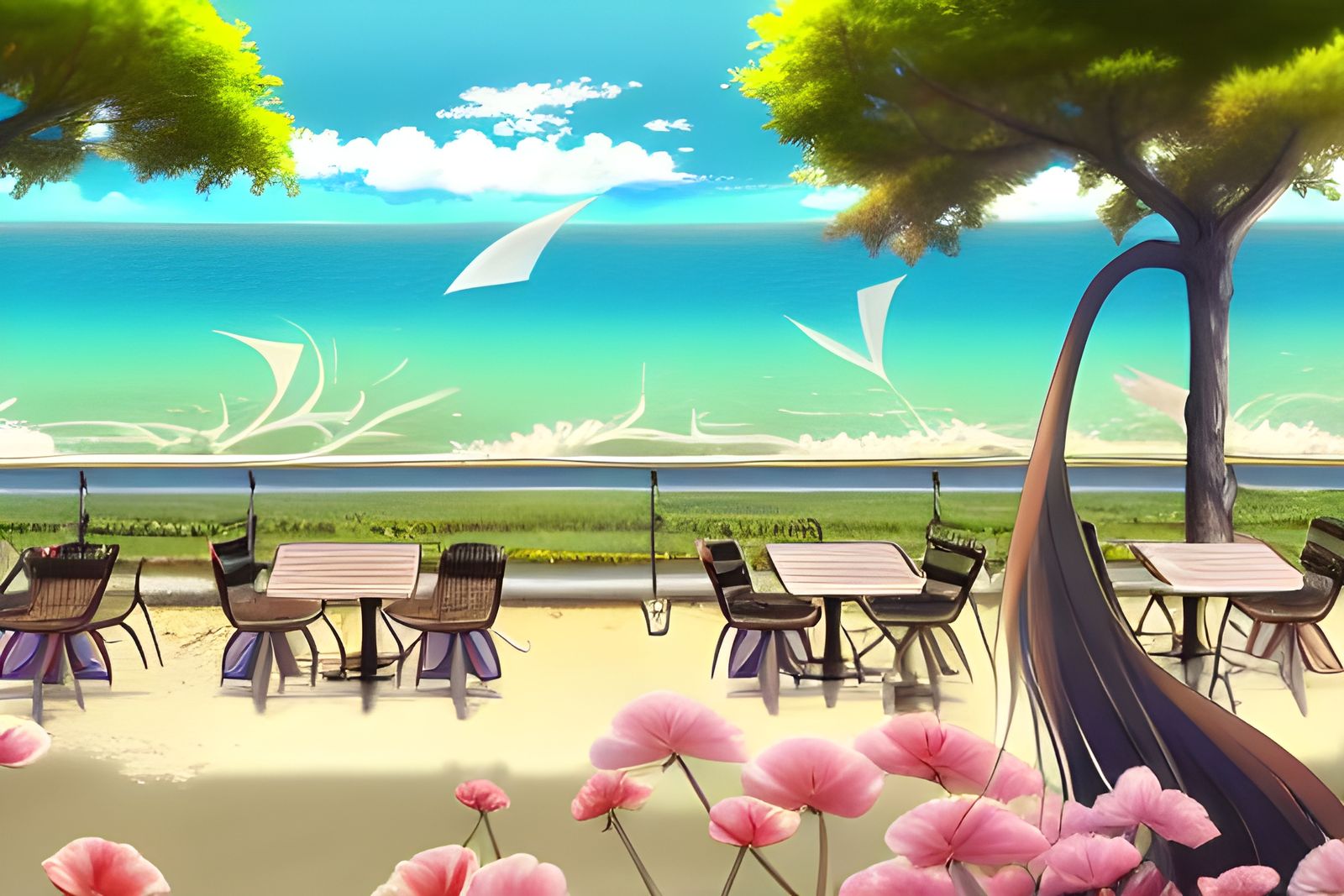 Anime Cafe by the Beach in Studio Ghibli Style
