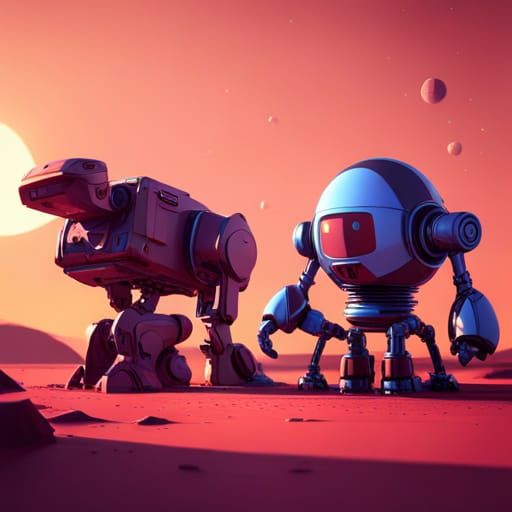 Cute Cat and Robot on a Red Planet