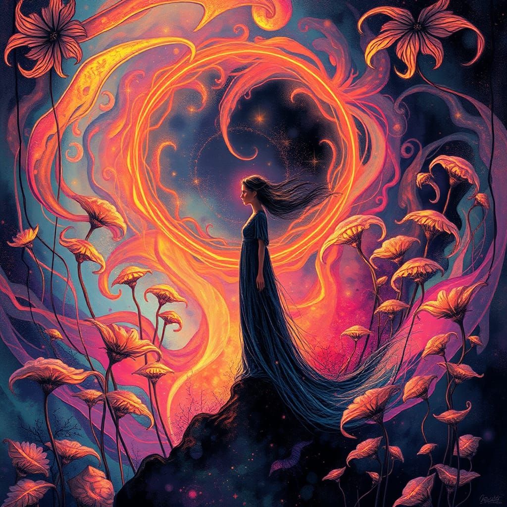 Mystical Woman in Iridescent Bioscape with Dawnflowers