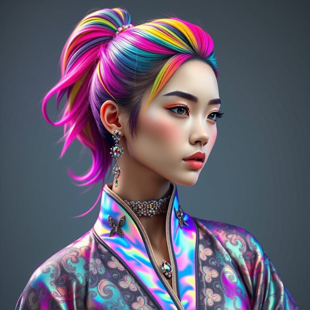 Cyberpunk Goddess in Vibrant Iridescent Attire