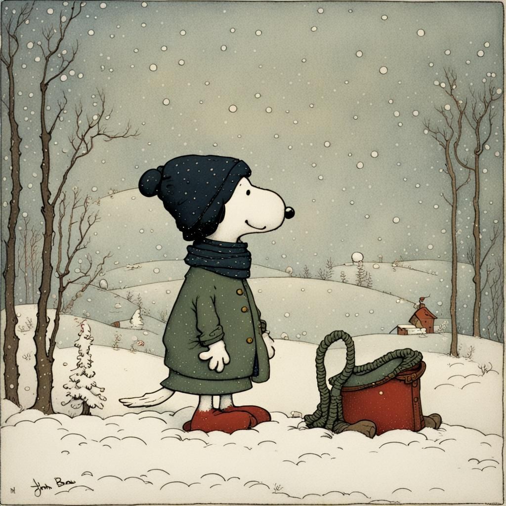 Snoopy in Winter Scarf, John Bauer Style