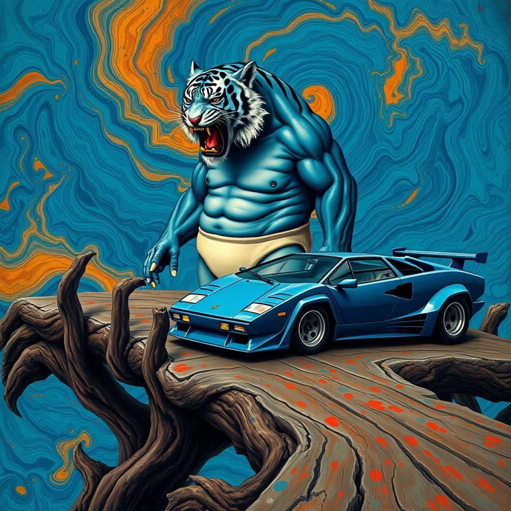 Blue Tiger Ogre Beside Lamborghini in Surrealist Style