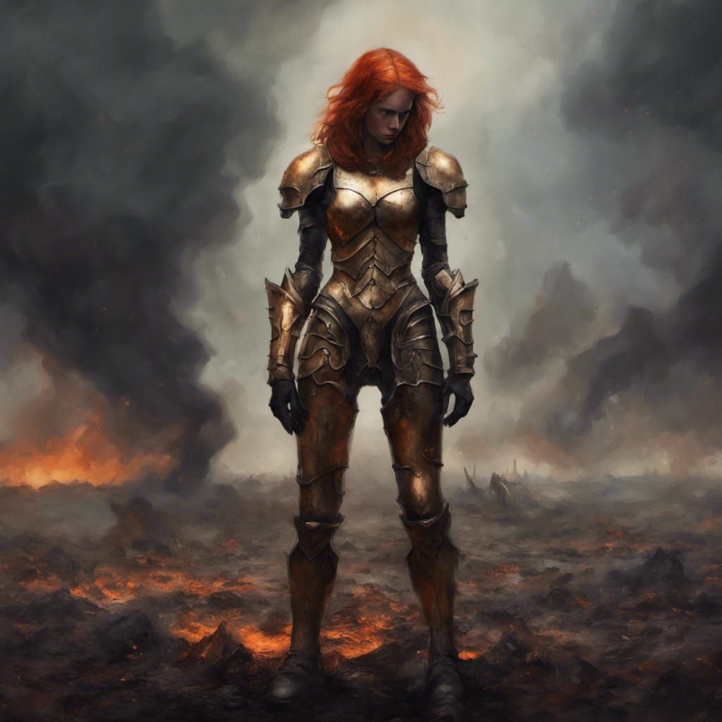 Sad Armored Ginger Woman on Burning Battlefield