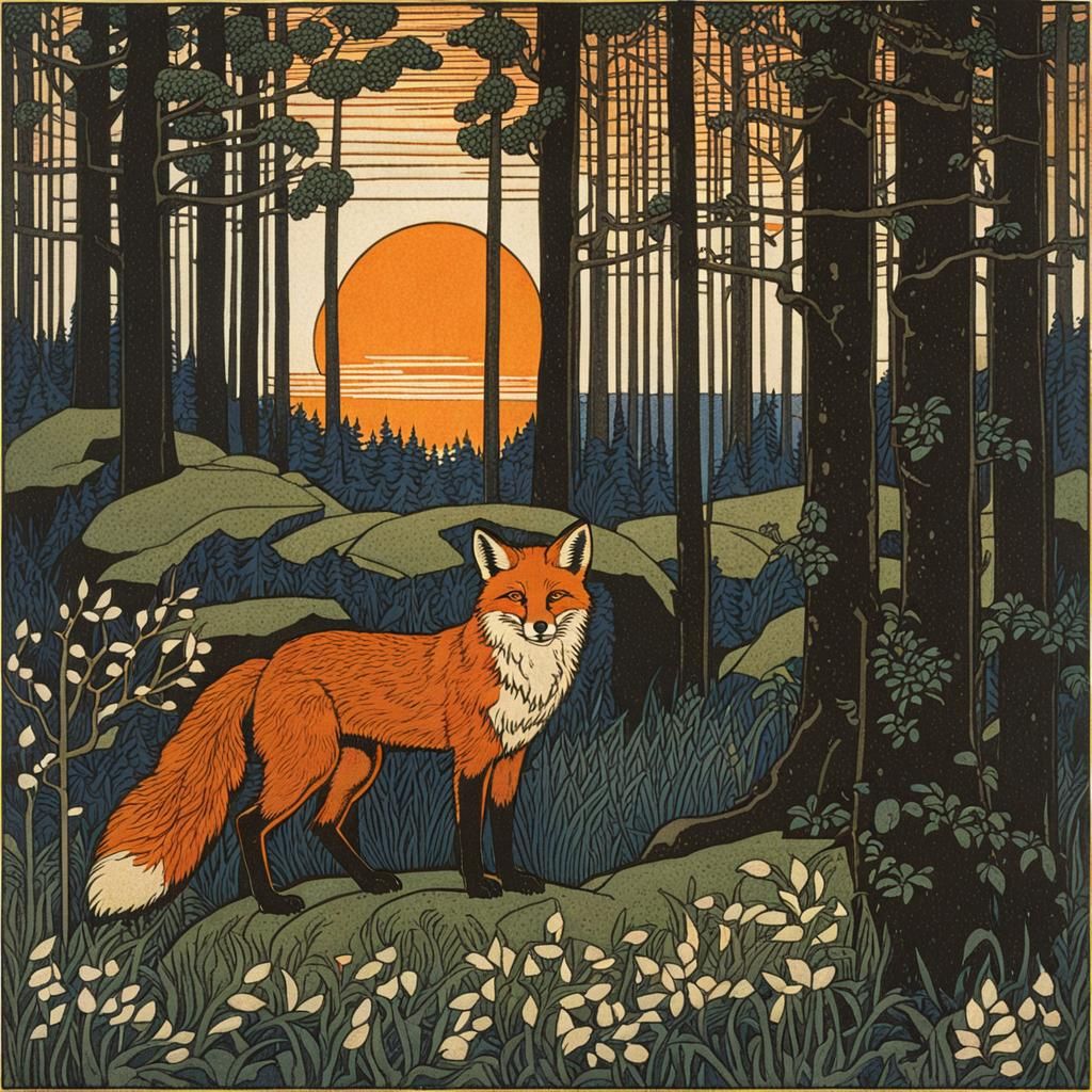 Fox in Forest, Fairytale Illustration