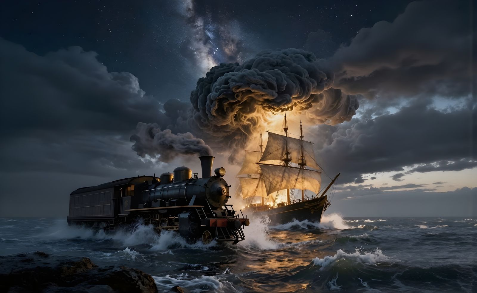 Cinematic Storm Engulfs Train and Ship Under Milky Way Sky