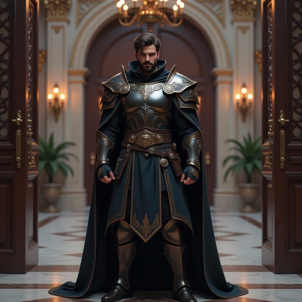 Fantasy Warrior Guarding Mansion in Unreal Engine Style