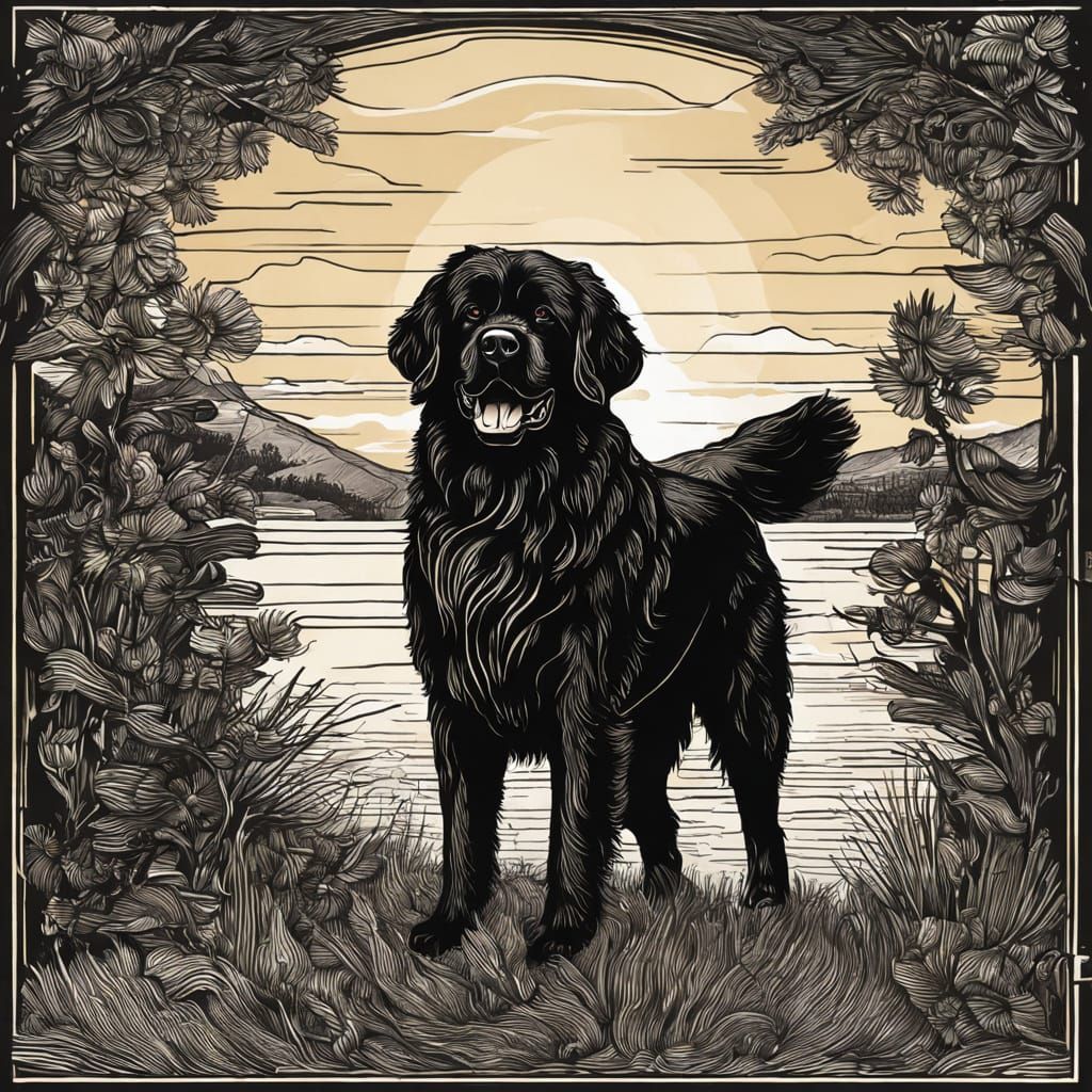 Detailed Woodcut Illustration of a Black Newfoundland Dog