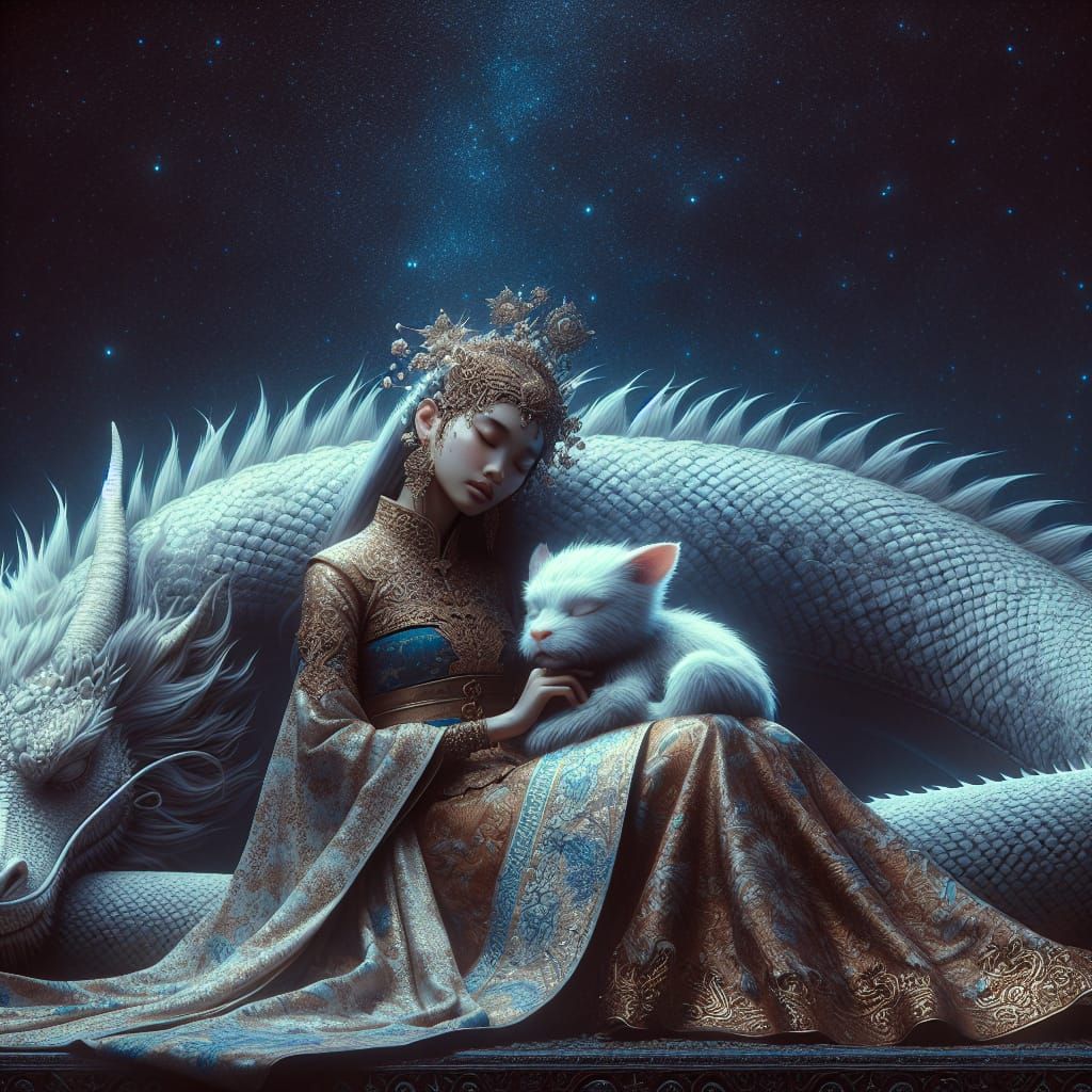 Middle-Eastern Girl with Dragon in Mystical Night