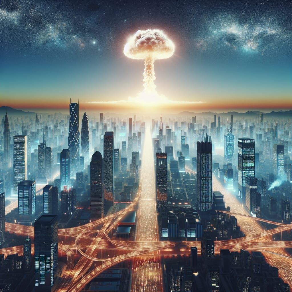 Futuristic City Under Atomic Attack: Aerial View
