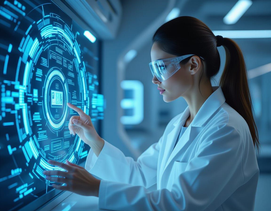 Futuristic Woman with Holographic Interface, 3D Render