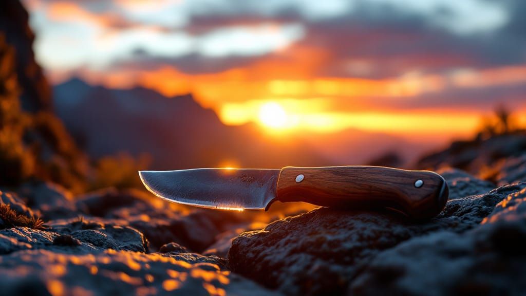 Photorealistic Hunting Knife at Sunset on Rocks