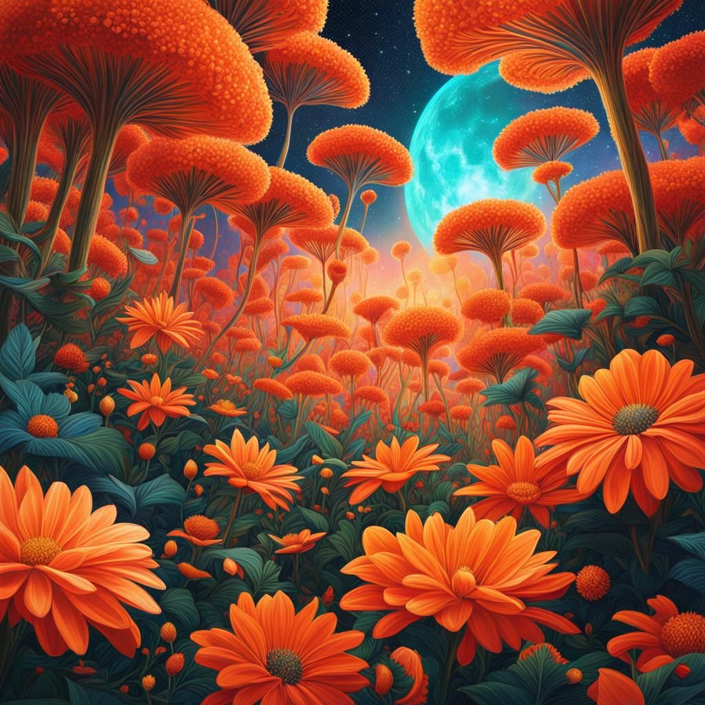 Orange Flowers Garden in Cosmic Illustration