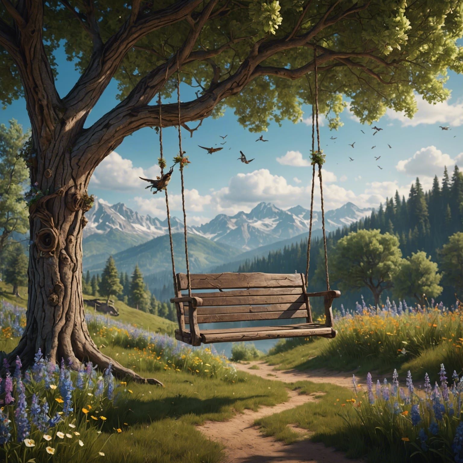 Nostalgic Wooden Swing with Wildflowers: Rustic Matte Painti...