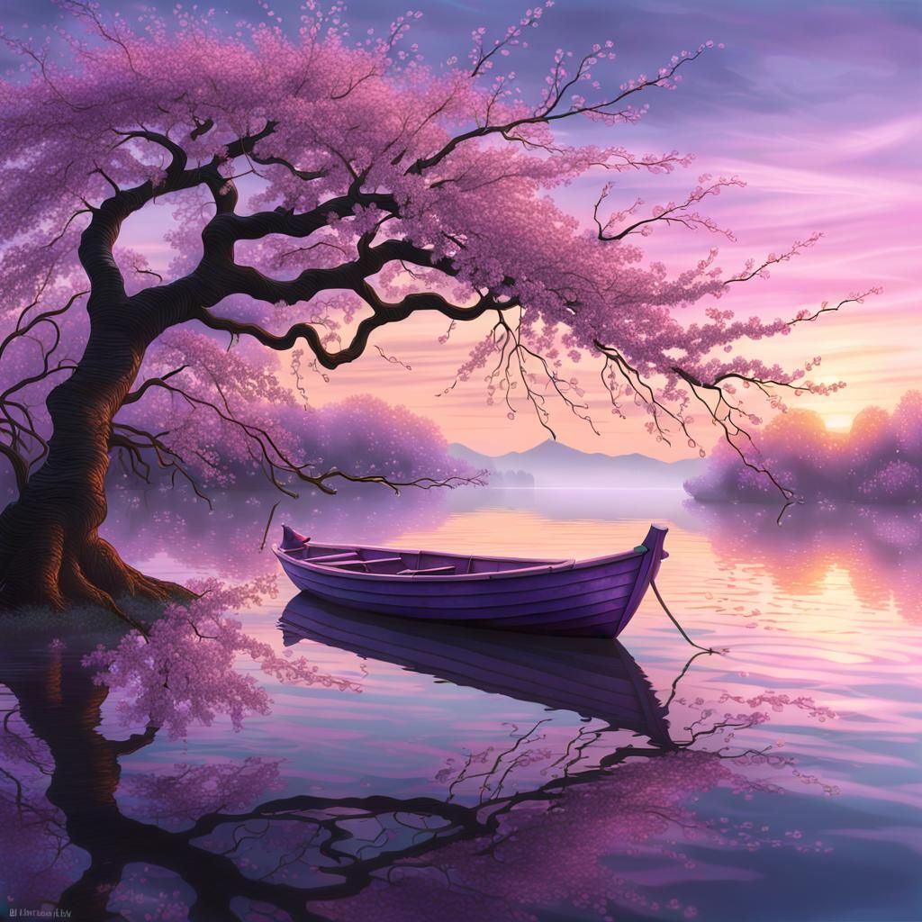Neon Boat Reflects in Ethereal Blossom Landscape