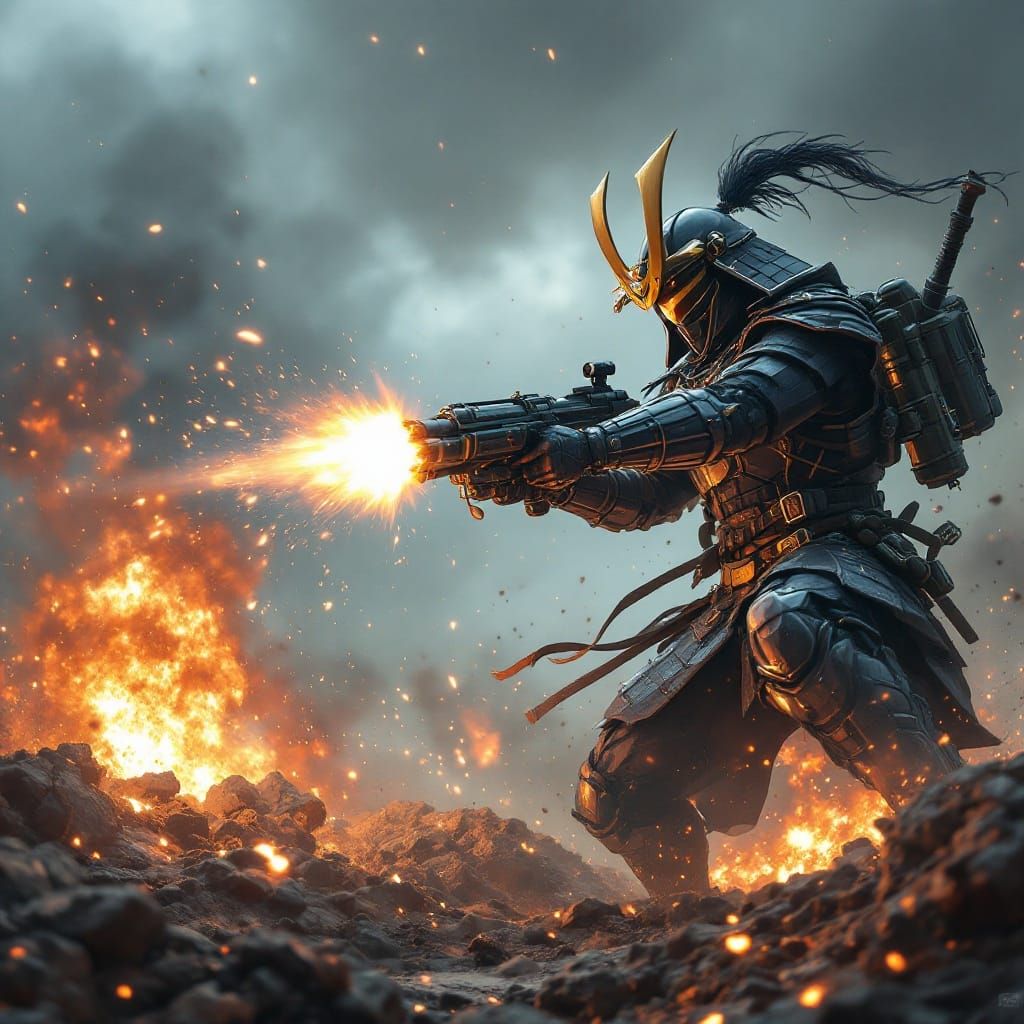 Futuristic Samurai Warrior Fires Rocket Launcher