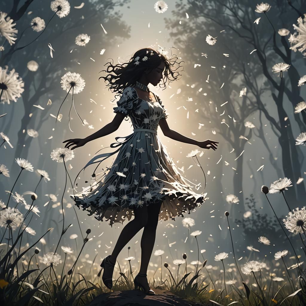 Dancing Girl Silhouette Fading into Dandelions