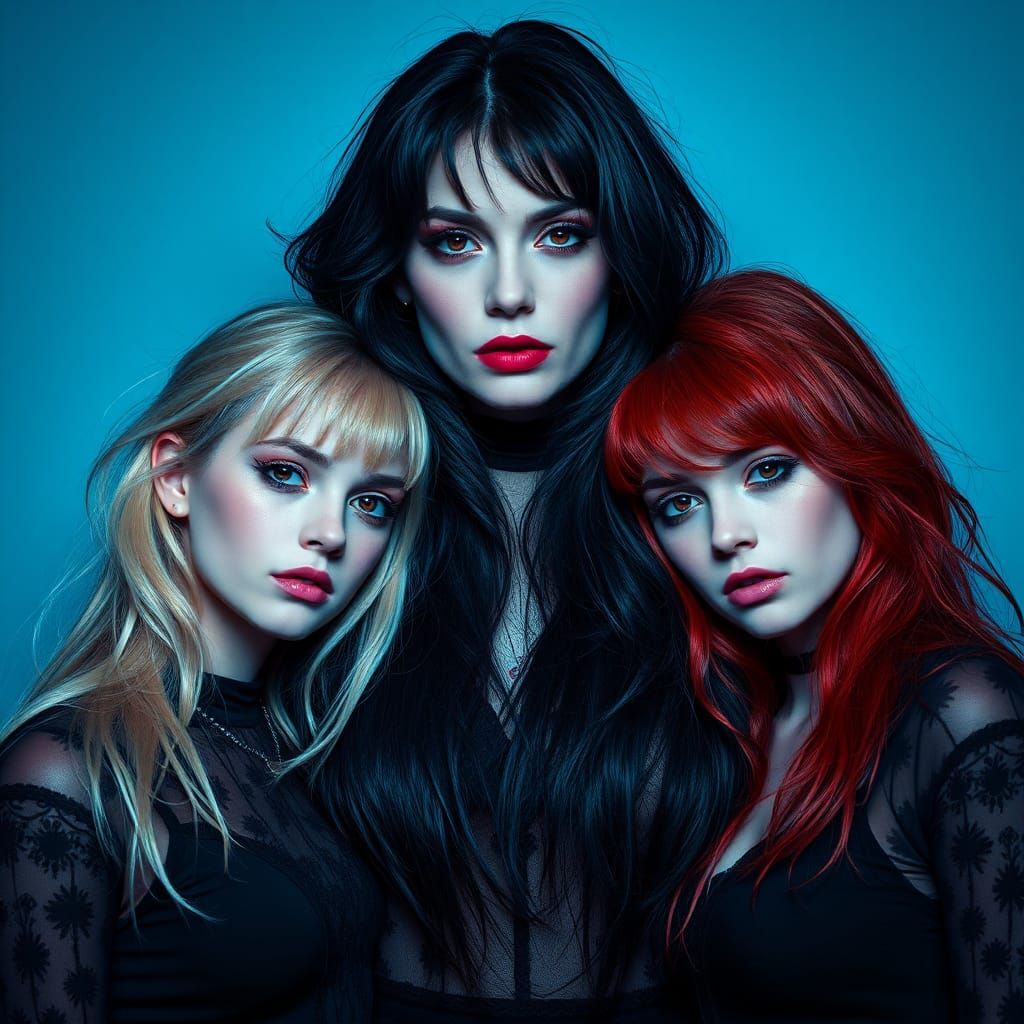Gothic Portrait of Three Women in Synthwave Style