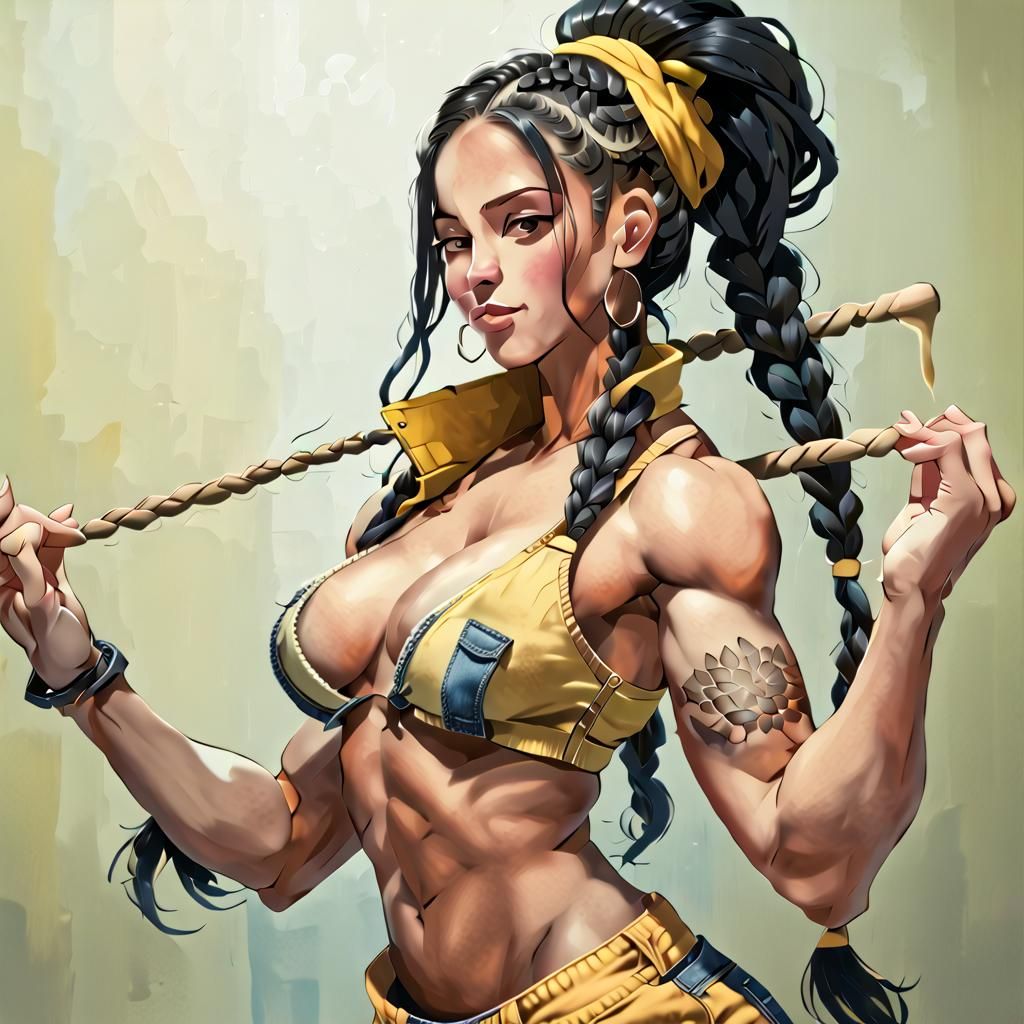 Female Bodybuilder Dancing in a Juice Bar, Cel-Shaded