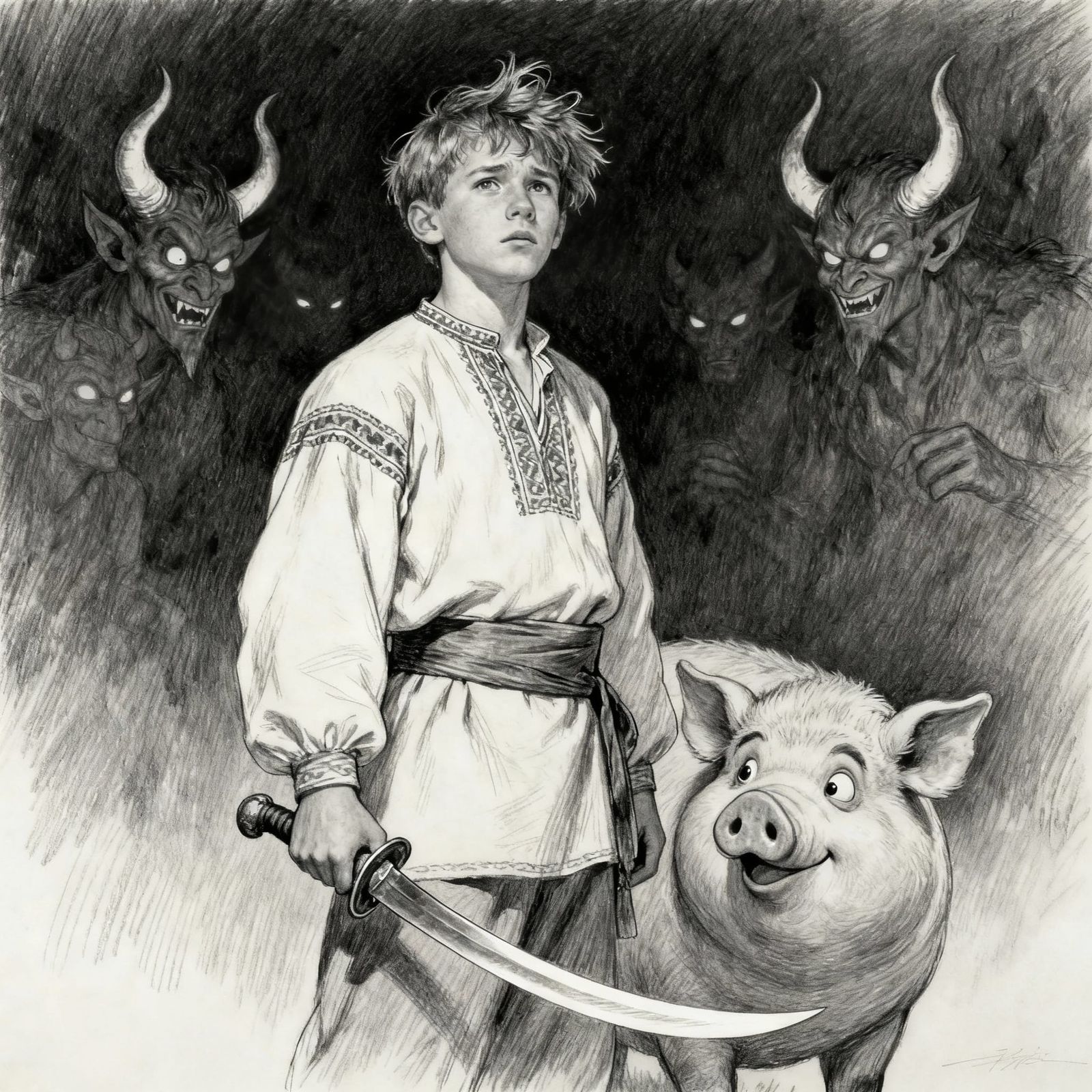 Ukrainian Cossack with Pig and Comical Devils, Pencil Sketch...