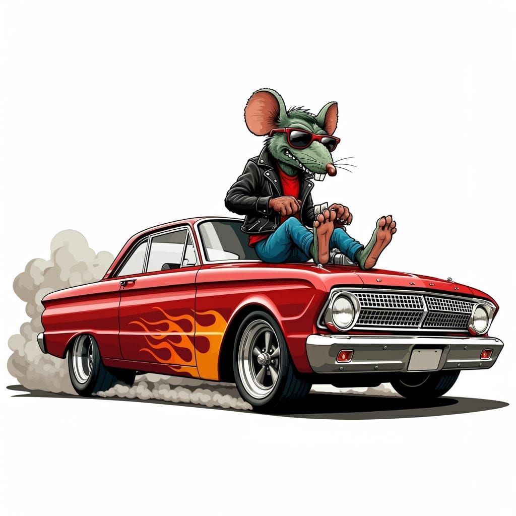 Rat-Fink Hot Rod Mascot Speeds Across the Road