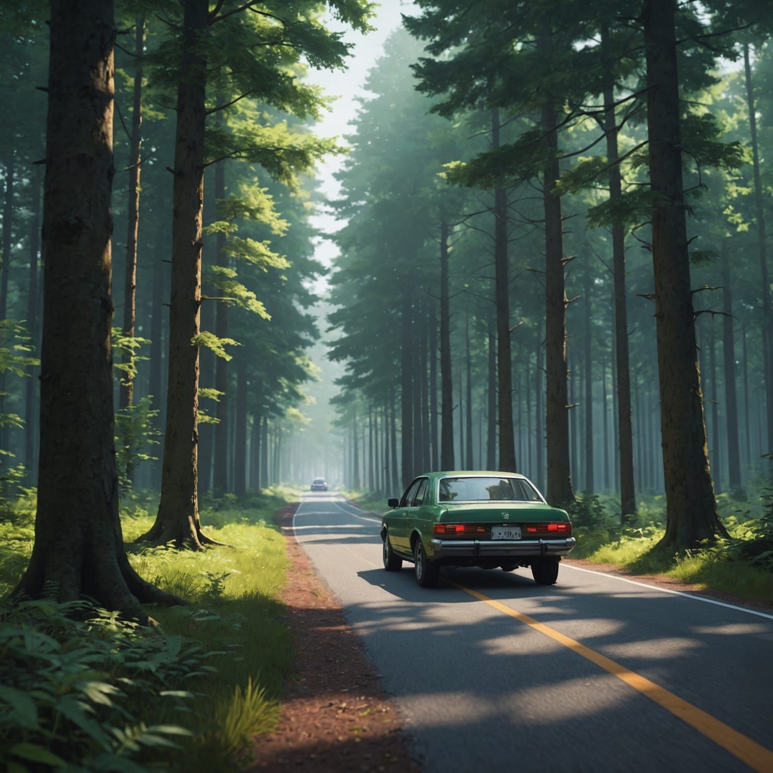 Car on Forest Road in 3D Anime Art