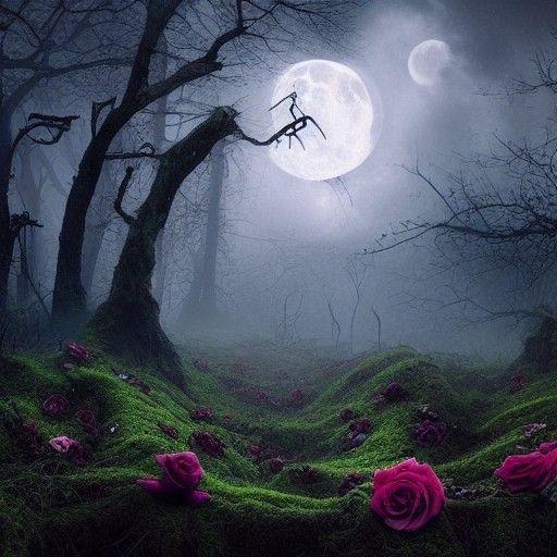 Horse Skeleton with Roses in Dark Forest