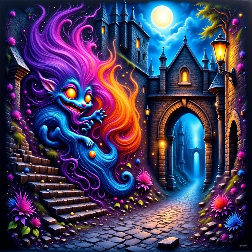 Vibrant Graffiti Mural on Ancient Wall in Fantasy City