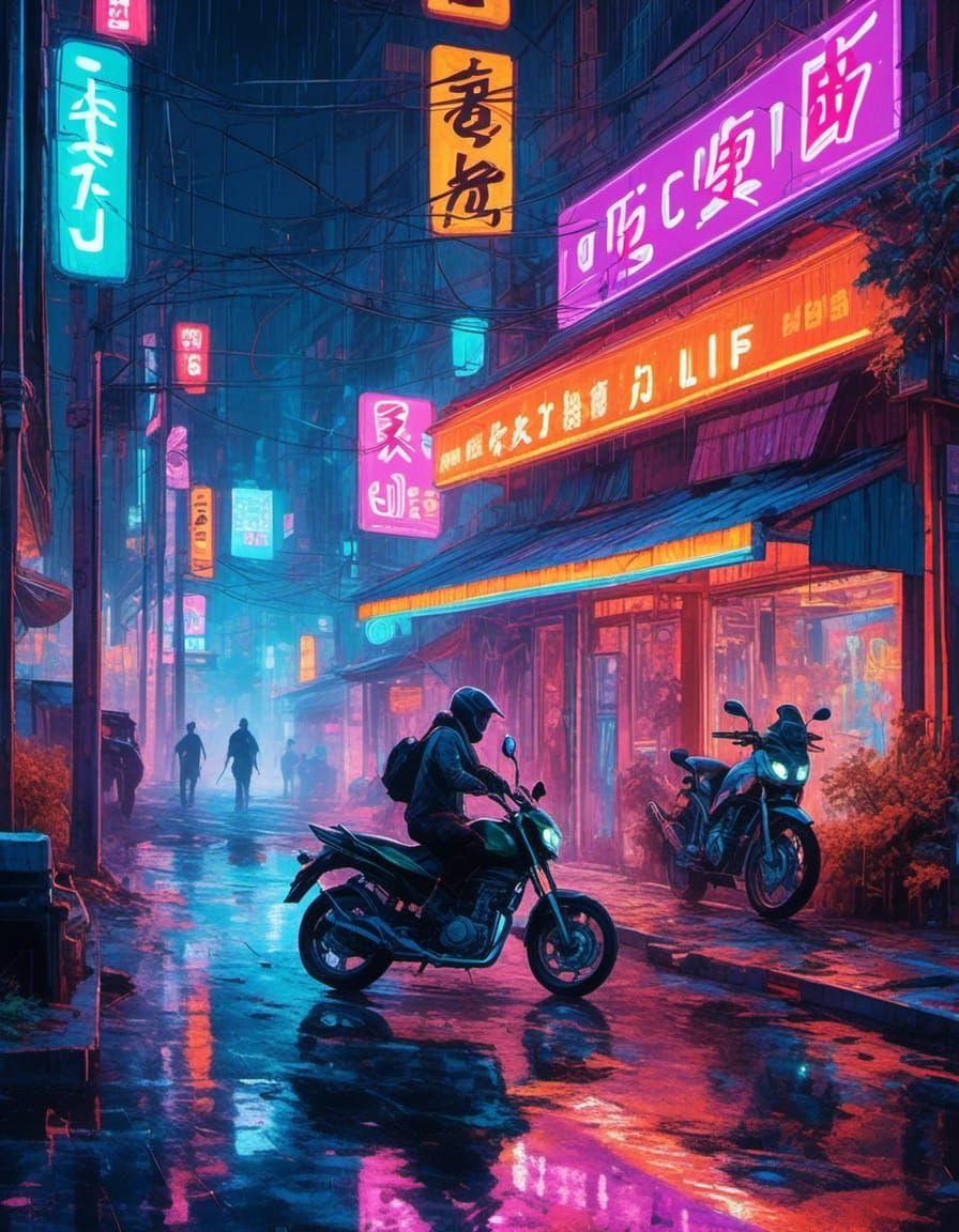 Neon-Lit Urban Scene: A Cyberpunk Tribute to Life