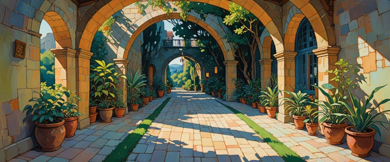 Mysterious Travertine Passageway with Arches and Sunlight