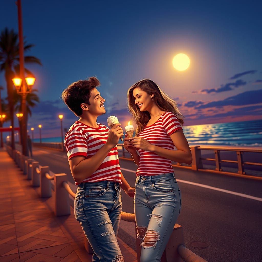 Couple Sharing Ice Cream on Beach at Night