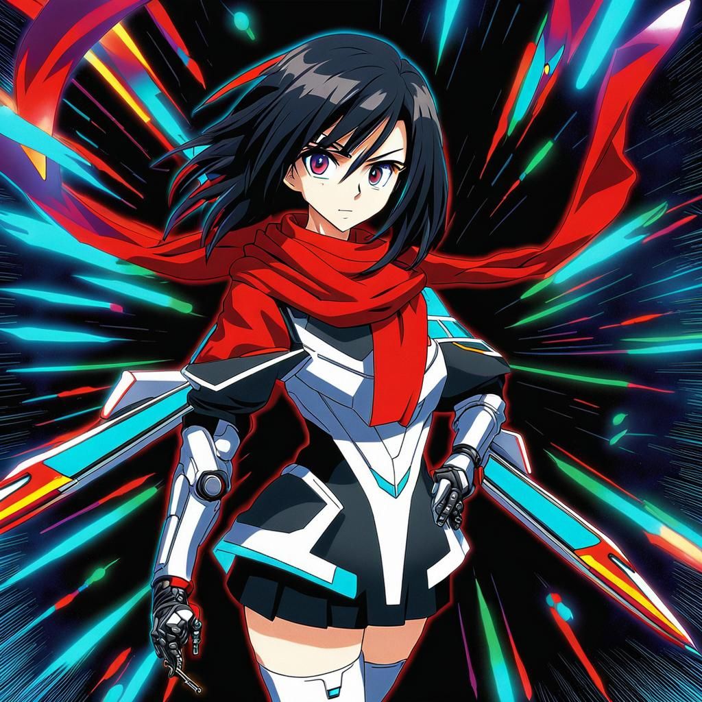 Cyborg Anime Girl with Neon Blades in Manga Style