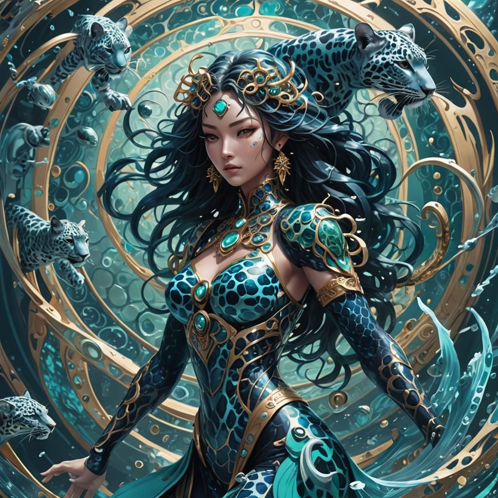 Majestic Blue Leopard Woman in Anime Style