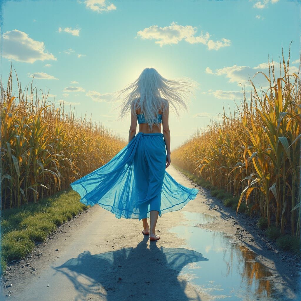 Surreal Woman Walking in Cornfield as Digital Art