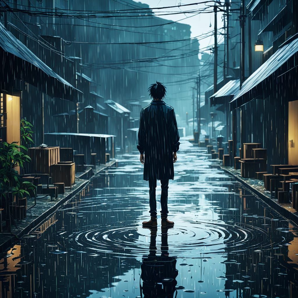 Anime Boy Stands Alone in the Rain, Inspired by Makoto Shink...