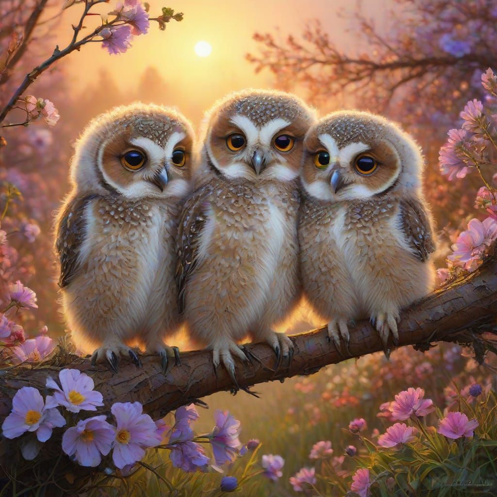 Baby Owlets in Spring Flowers: Oil Painting