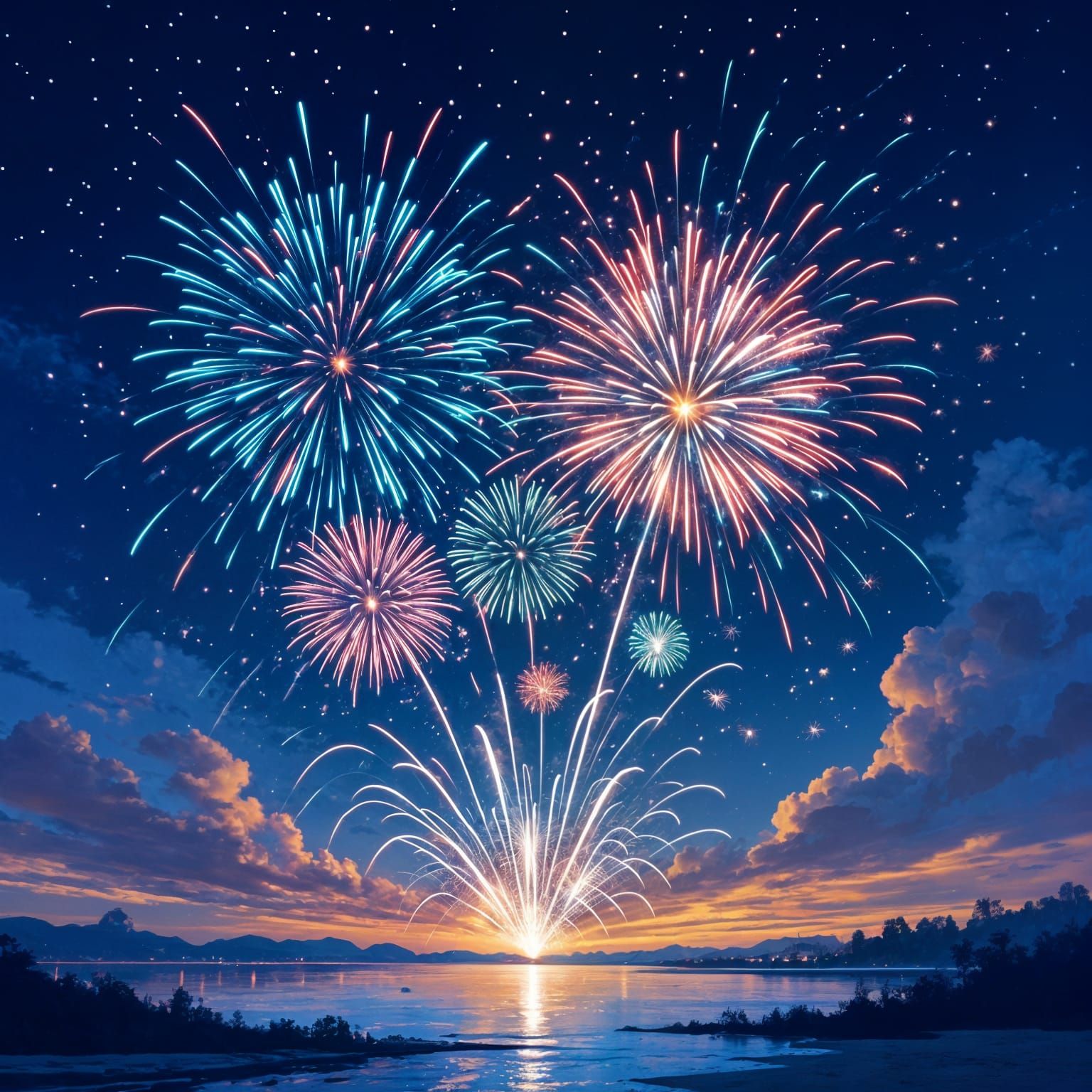 Colorful Fireworks Bursting in the Night Sky