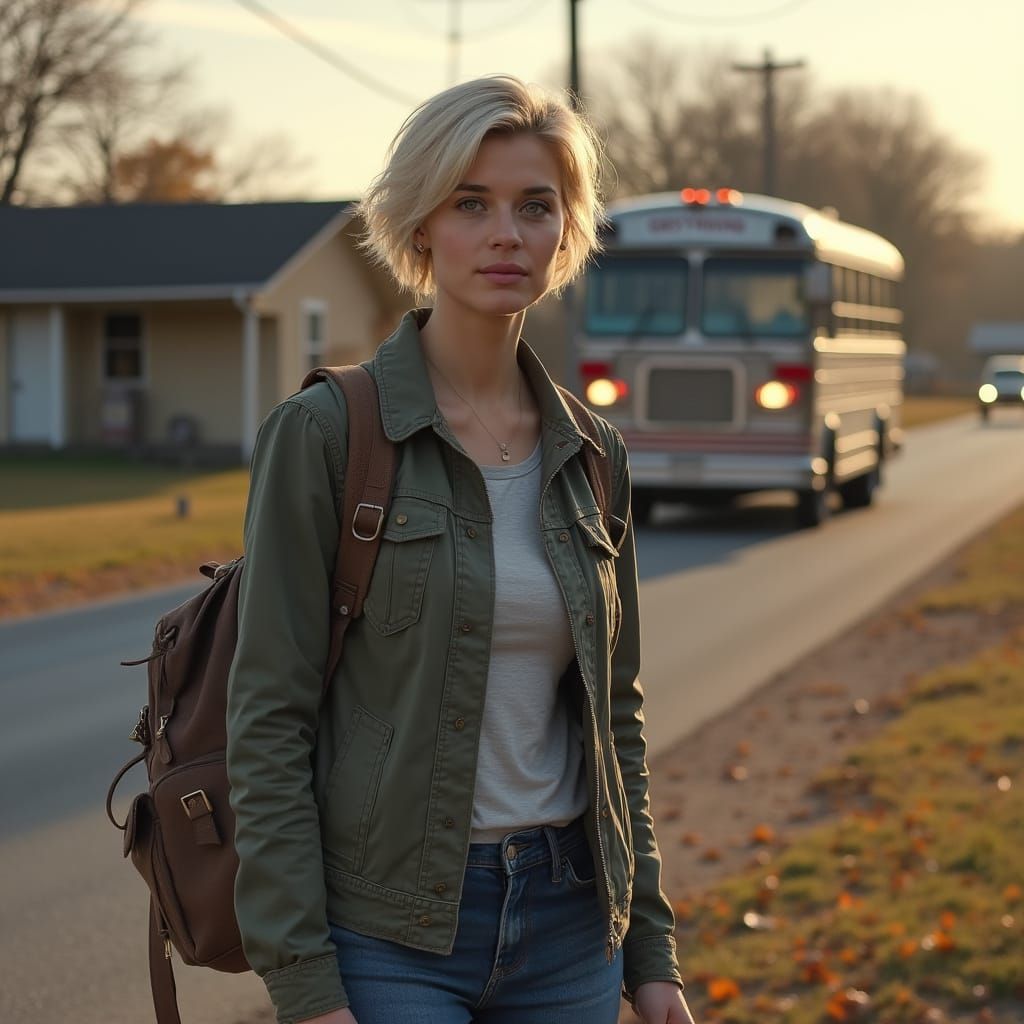 Woman at Rural Bus Stop in Golden Autumn Light