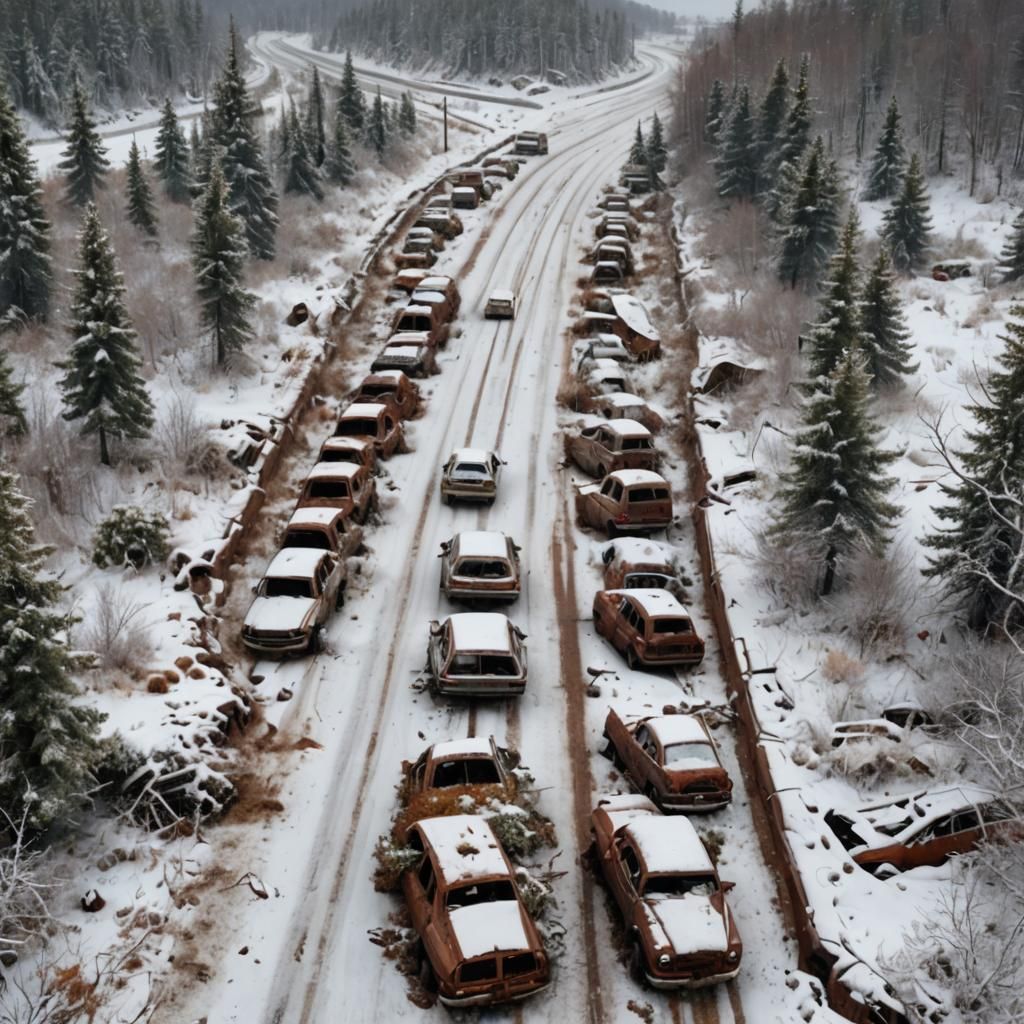 Abandoned Highway in a Frostbitten Wasteland