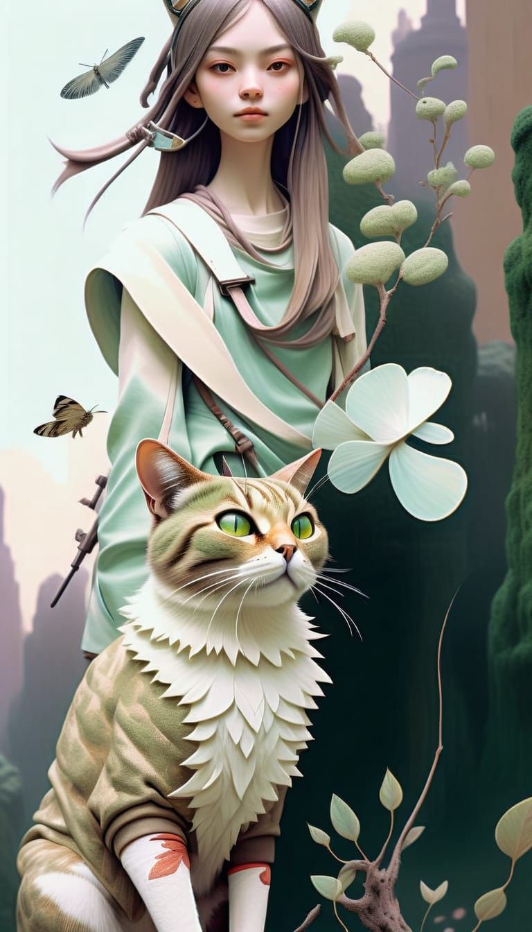 Surreal Watercolor Cat Chasing Mice in Ancient Temple