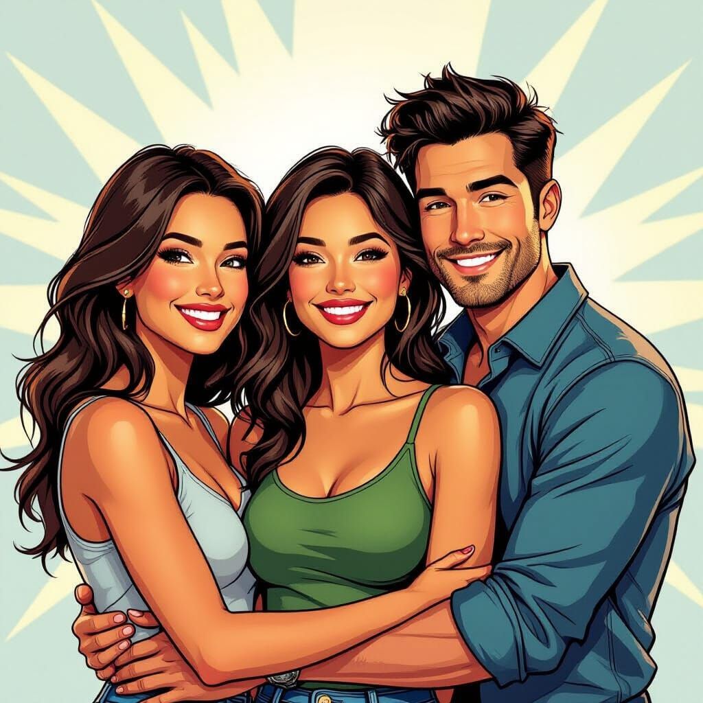 Three Friends Smiling Together in Comic Book Style