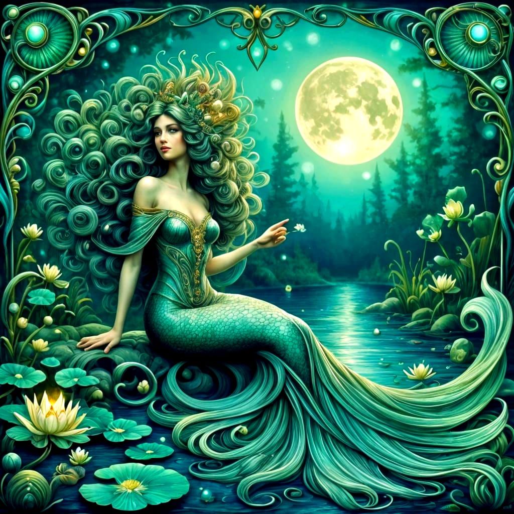 Art Nouveau Mermaid Portrait at Night