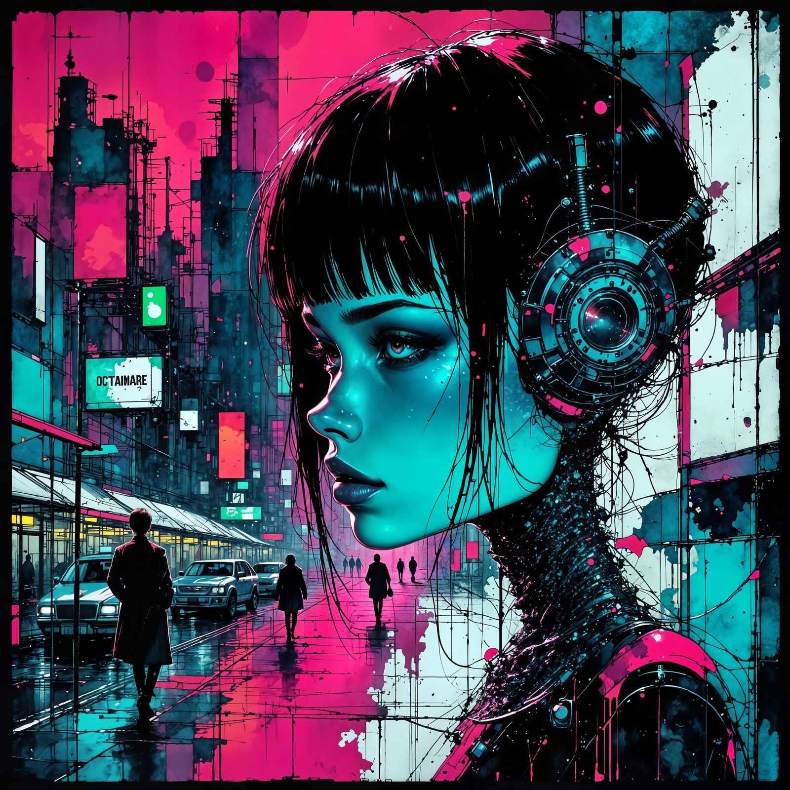 Cyberpunk Girl in Neon Night, Hyperdetailed Portrait